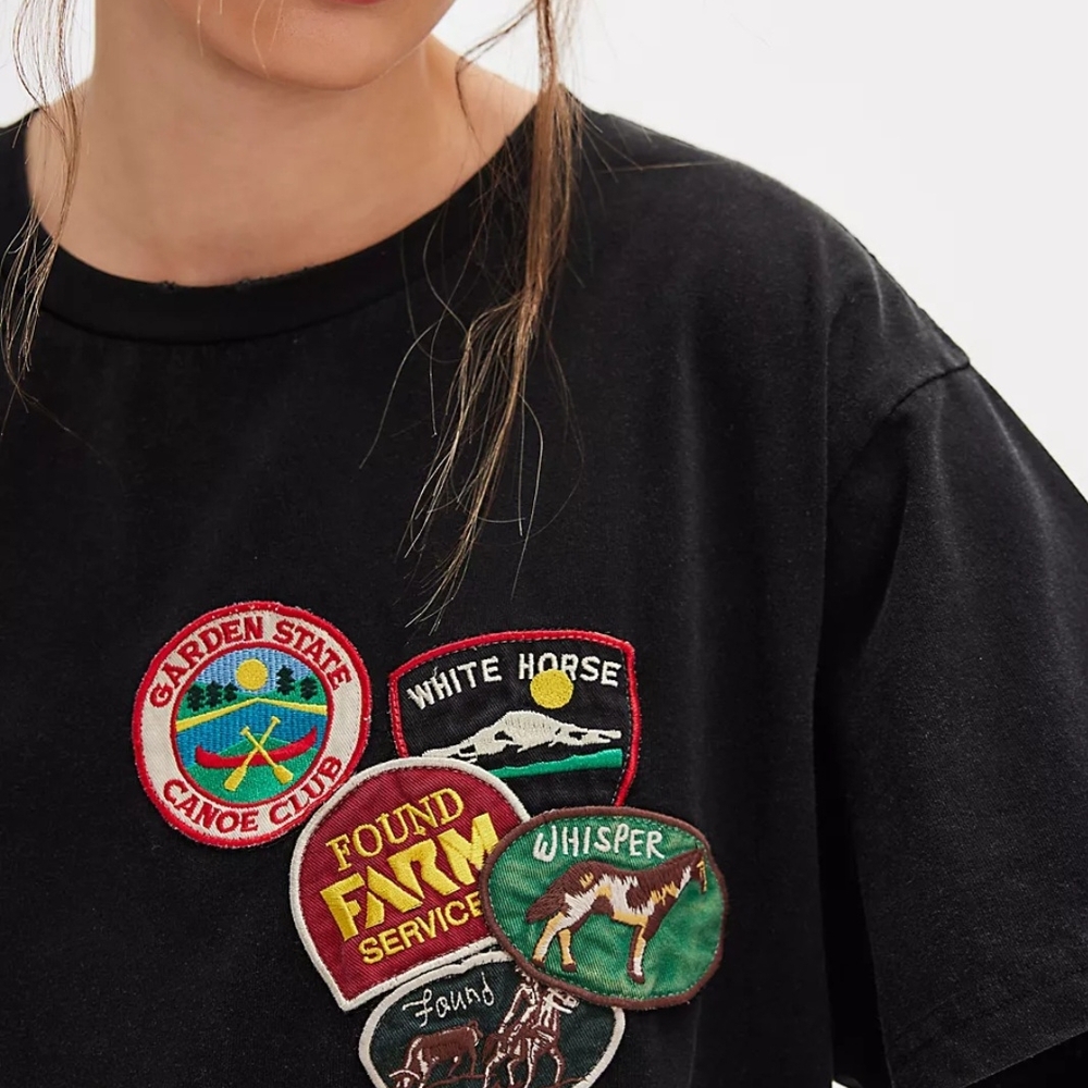 NWT found Whisper Patch Tee  Black T-Shirt with Colorful Patches S